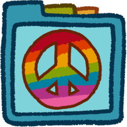 a painbow peace sign. It's inside a teal folder that has green and orange folder tabs behind it.